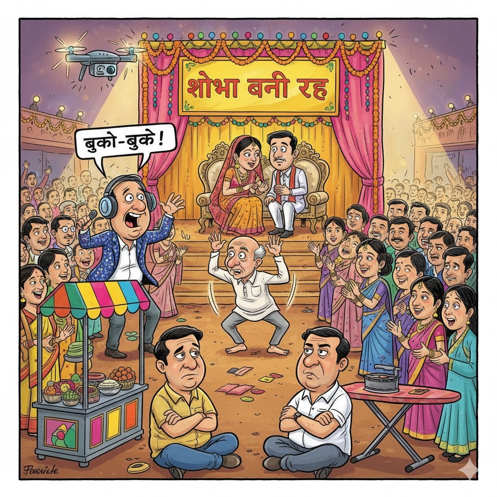 “मध्यमवर्गीय शादी में ‘शोभा’ के नाम पर पंडाल, डीजे और ड्रोन कैमरा के बीच नाचते रिश्तेदारों का व्यंग्य चित्र।”