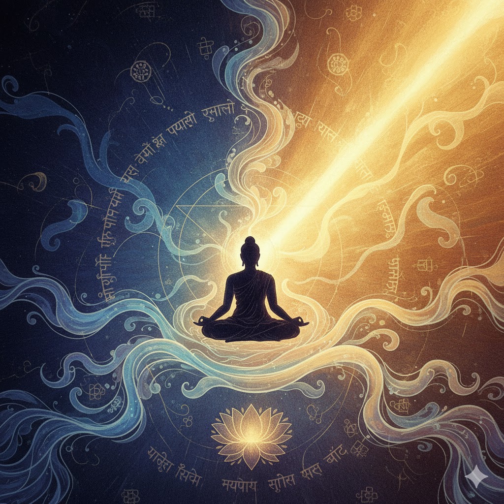 “Rigveda’s Nasadiya Sukta — mystical depiction of universe emerging from cosmic darkness with a meditating sage symbolizing creation and consciousness.”