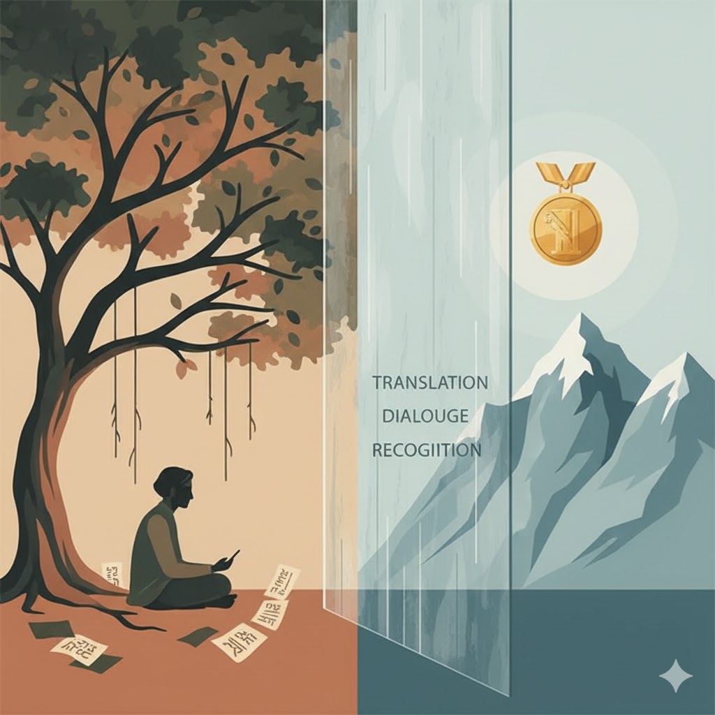 An abstract minimalist illustration showing the contrast between Indian literature’s soulful depth and the distant world of Western literary recognition, separated by the invisible wall of translation and cultural dialogue.