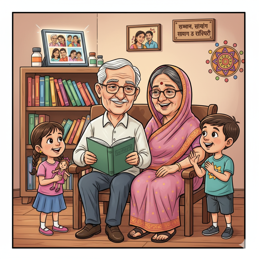 अंतर्राष्ट्रीय वृद्धजन दिवस पर बुजुर्ग दंपति – अनुभव और मार्गदर्शन की मिसाल, जो सम्मान, सहयोग और सामाजिक जिम्मेदारी का प्रतीक हैं।”