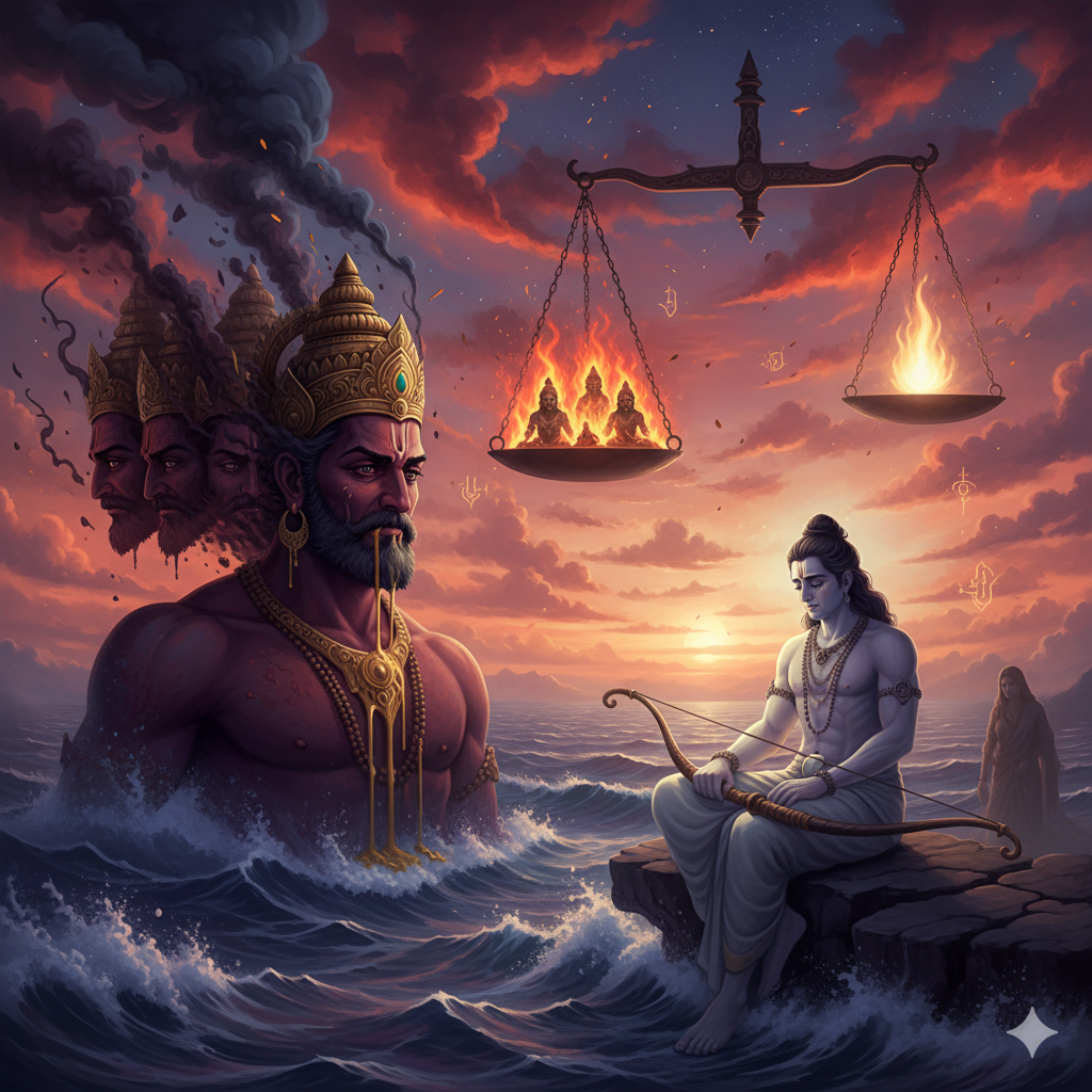 An abstract surreal artwork of Rama and Ravana — Ravana’s dissolving shadow heads against Rama’s luminous calm by the ocean, Mandodari’s silhouette, and a cosmic balance in the sky, symbolizing desire versus restraint.