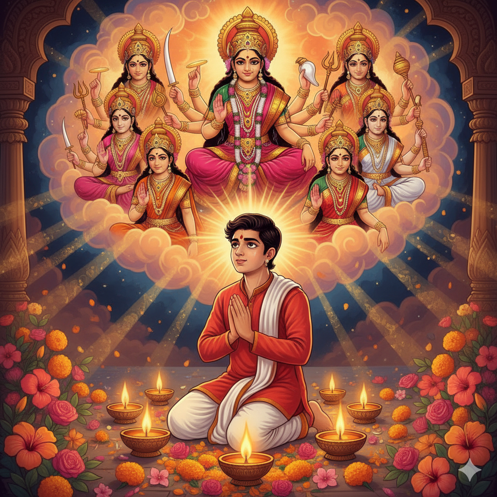 एक रंगीन चित्र जिसमें भक्त लाल चुनरी ओढ़े दीपक जलाते हुए मां दुर्गा को पुकार रहा है, मां अपने नौ रूपों में आकाश से प्रकट हो रही हैं, वातावरण में भक्ति और प्रकाश का समन्वय है।