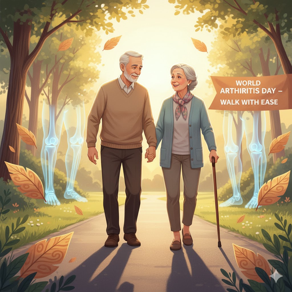 An elderly couple walking happily in a park at sunrise, symbolizing joint health and mobility on World Arthritis Day, with anatomical visuals of healthy joints in the background.