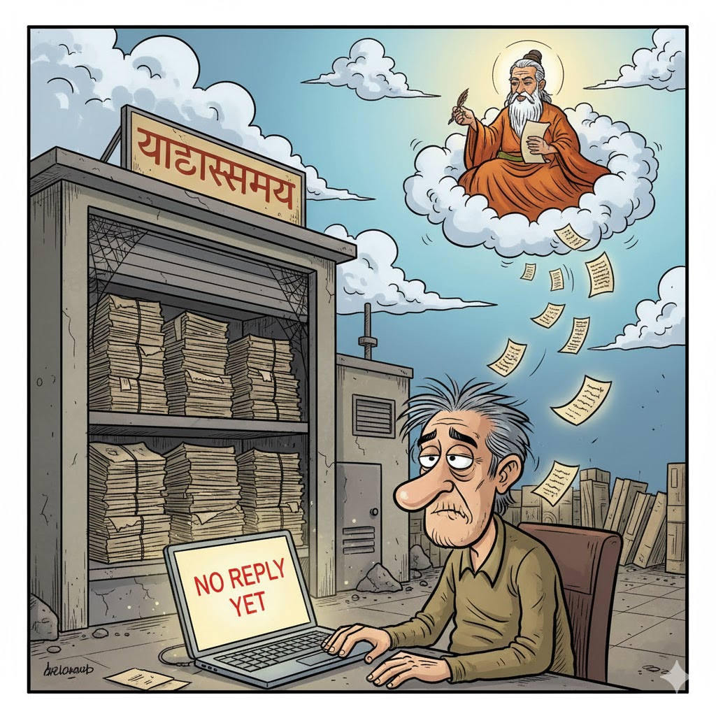 “Cartoon of a frustrated writer staring at an empty inbox while editors send poetic, vague replies like ‘yathasamay’, humorous satire scene.”