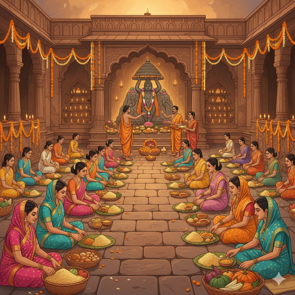 मंदिर के आँगन में गोवर्धन पूजा के दिन अन्नकूट प्रसाद का आयोजन। लोग पत्तलों में बैठकर बाजरे की कूड़ी और कढ़ी का प्रसाद ग्रहण कर रहे हैं। चारों ओर दीपक जल रहे हैं, महिलाएँ सजावट में व्यस्त हैं, और पंडित जी गोवर्धन गिरिराज को भोग लगा रहे हैं। वातावरण में भक्ति और सादगी का सामूहिक सौंदर्य झलकता है।