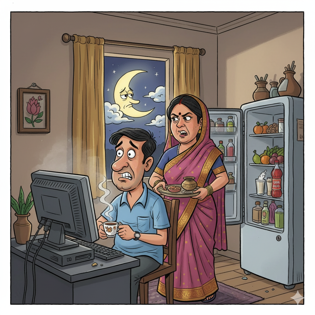 पति डेस्कटॉप पर ईमेल पढ़ते हुए, पत्नी करवा चौथ के व्रत में नाराज़ मुद्रा में, हाथ में छलनी और थाली लिए खड़ी है, खिड़की से देर से निकलता चाँद दिख रहा है, और रसोई में फल व रूह अफ़्ज़ा रखे हैं — एक व्यंग्यात्मक घरेलू दृश्य।