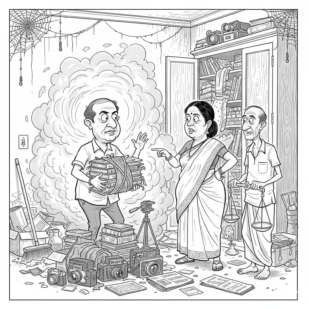 "व्यंग्यात्मक कार्टून लाइन आर्ट: पति किताबों और कैमरे के कबाड़ को बचाने की कोशिश में, जबकि पत्नी दिवाली सफाई के नाम पर कबाड़ी बुलाने को तैयार। अलमारियों में साड़ियाँ, किताबें और कैमरे एक-दूसरे से भिड़े पड़े हैं।"