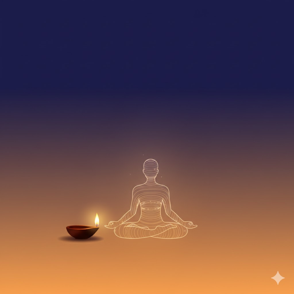“अमावस्या के अंधकार में रखा एक छोटा दीप, जिसकी लौ से मानव आकृति का आलोक उभर रहा है — अंधकार से प्रकाश की ओर आत्म-यात्रा का प्रतीकात्मक चित्र।”