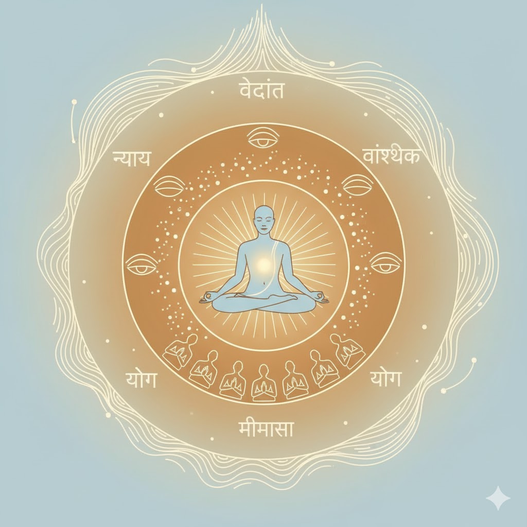 एक साधारण रेखाचित्र जिसमें केंद्र में ध्यानमग्न व्यक्ति की आकृति हो — उसके चारों ओर छह गोलाकार परतें: 1️⃣ तर्क (Justice – न्याय) — प्रकाश की किरण जैसी। 2️⃣ तत्व (Vaisheshika – वैशेषिक) — परमाणुओं के प्रतीक बिंदु। 3️⃣ चेतना (Sankhya – सांख्य) — अर्ध खुली आँखें, भीतर दृष्टि। 4️⃣ साधना (Yoga – योग) — शांत श्वास का लयबद्ध प्रवाह। 5️⃣ कर्म (Mimamsa – मीमांसा) — हाथ जोड़ते हुए कर्मशील आकृति। 6️⃣ एकत्व (Vedanta – वेदांत) — ऊपरी आभामंडल में विलय होती ऊर्जा। रंग: मृदु सुनहरा, हल्का नीला और मिट्टी का टोन; कोई टेक्स्ट नहीं।