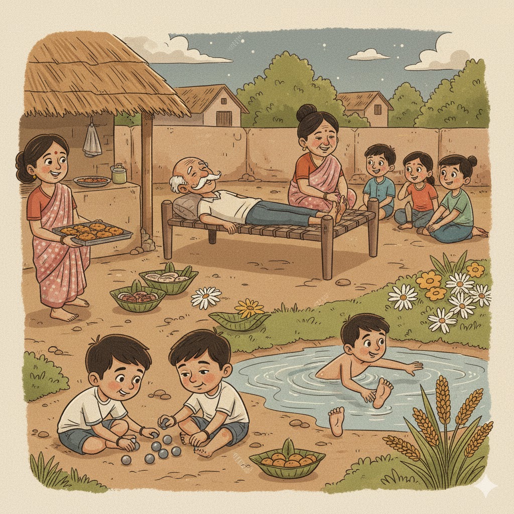 ग्राम्य यादों का कोलाज: बच्चे मिट्टी में खेलते, तालाब में तैरते, थैलों में बाजरे-ज्वार के खेत, आँगन में खाट पर बैठे चाँद-तारों से बातें करते लोग; दादी हाथ में चटाई लेकर चिड़ियों की कहानी सुना रही है; बैकग्राउंड में खादी टोपी, पारम्परिक स्नैक्स और बाग़ की हरियाली — सेफ़िया-नॉस्टैल्जिया, प्रकृति-कनेक्शन और ग्रामीण जीवन की गर्माहट का दृश्य।