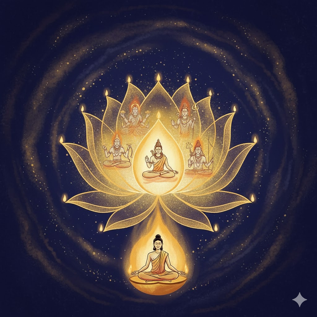 “गहन अमावस्या के आकाश में भारत का मानचित्र दीपों से आलोकित है — दीयों की ज्योति से लक्ष्मी, महावीर, शिव और राम के प्रतीक उभर रहे हैं, एक ध्यानमग्न मानव आकृति दीप के भीतर बैठी आत्मज्योति का प्रतीक है — अंधकार से प्रकाश की ओर मानव चेतना की यात्रा का सांकेतिक चित्र।”