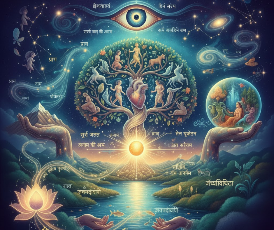 “Ancient Indian ecological philosophy illustrated through Vedic symbols — Earth as Mother, flowing rivers, sacred trees, rising sun, and Upanishadic sages meditating in harmony with nature, symbolizing the environmental consciousness present in Vedas and Upanishads.”