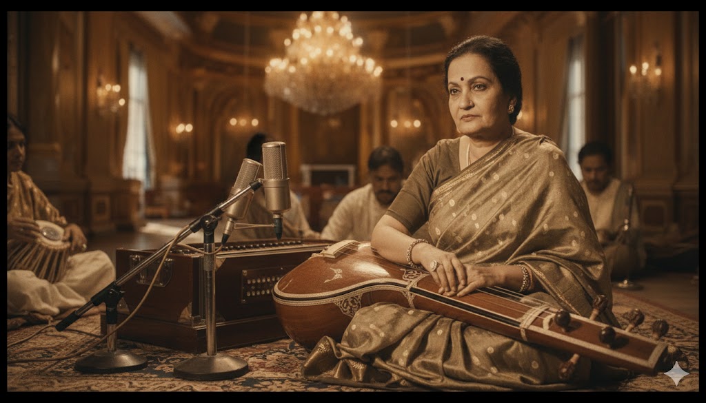 Vintage-style monochrome portrait of Begum Akhtar seated gracefully in a traditional Lucknowi saree, eyes half-closed as if lost in a ghazal, soft stage lighting highlighting her expressive face, capturing the melancholic depth and royal elegance of Mallika-e-Ghazal.