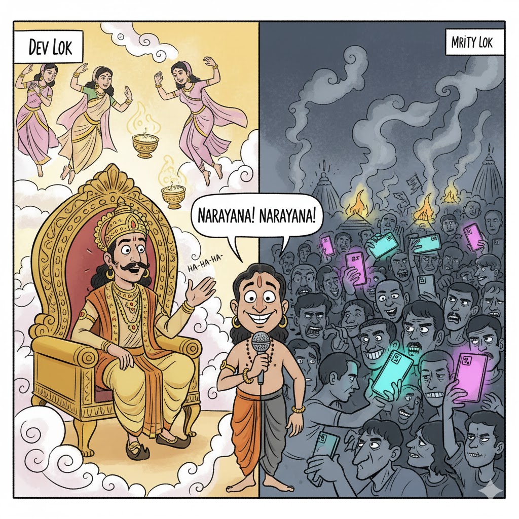 A split-scene satirical cartoon showing Indra’s divine court on one side and chaotic modern Earth on the other, with Narad Muni holding a microphone between the two worlds, symbolizing the fall of humanity amid heavenly irony.