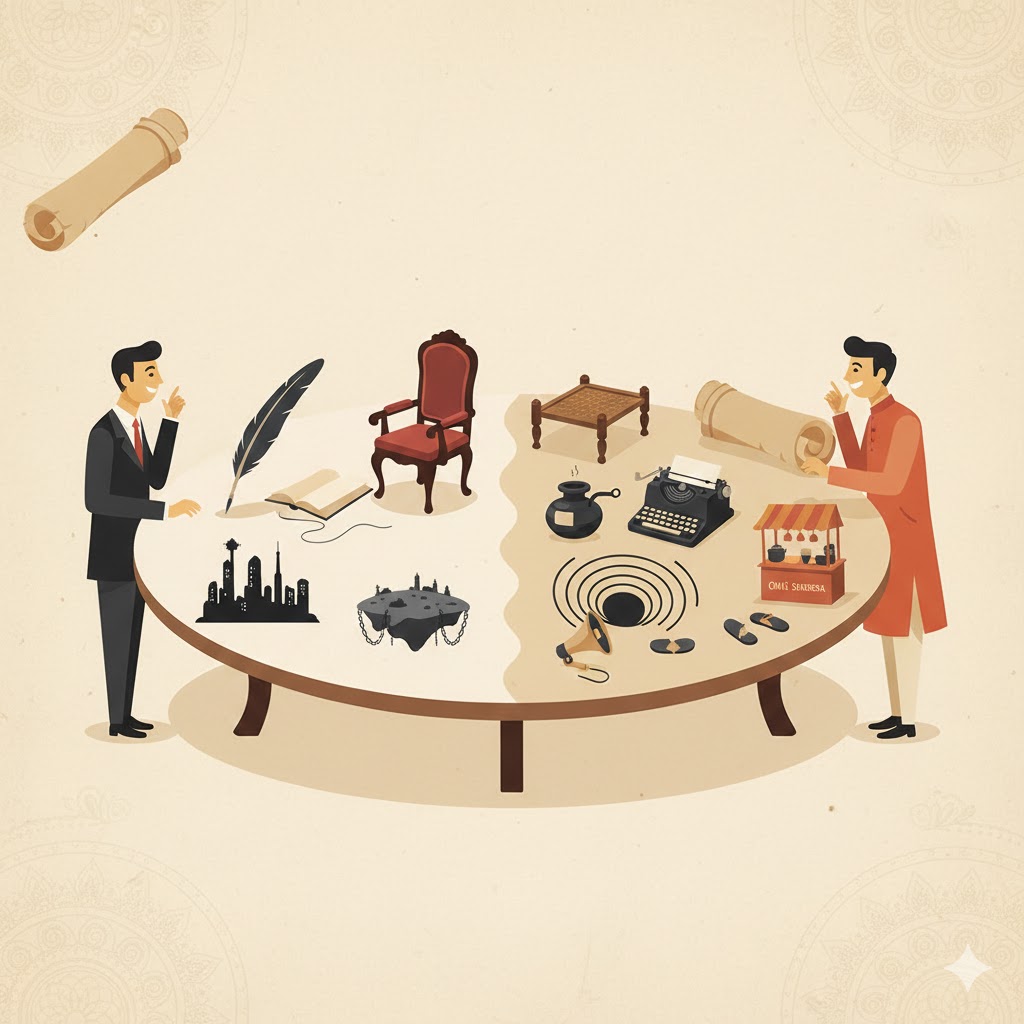 A flat-vector illustration of a large round table split into two symbolic halves: the left side representing Western satire with elements like a quill, Victorian chair, Orwellian dystopian city silhouette, a floating island inspired by Swift, and a whimsical rabbit-hole swirl; the right side representing Hindi satire with a desi inkpot, wooden chair, typewriter, tea-stall ambience, loudspeaker, broken slippers, and a crowded bazaar outline. Two human silhouettes—one in Western attire and one in Indian kurta—stand at opposite sides of the table, smiling in a reflective, humorous way. Background features subtle beige texture with soft mandala and scroll-like patterns. No text in the image.
