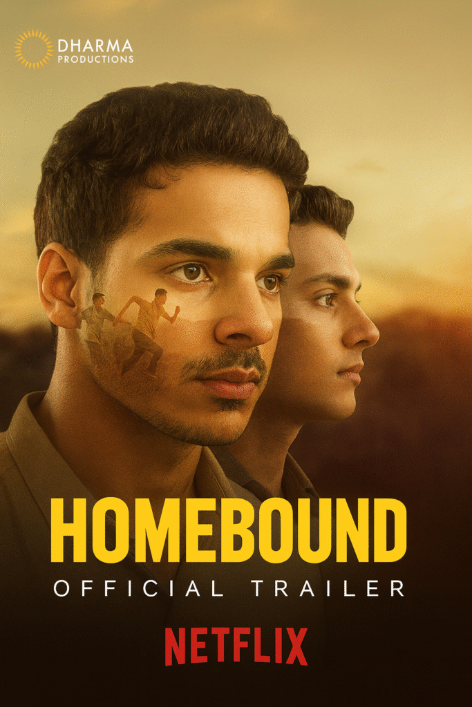 “नेटफ्लिक्स पर रिलीज़ फिल्म 'Homebound' का प्रतीकात्मक दृश्य — दो युवा मजदूर लॉकडाउन में सुनसान हाईवे पर झोला उठाए चलते हुए, बैकग्राउंड में धूल, धूप और अनिश्चित यात्रा; सामाजिक संघर्ष, जाति-धर्म और गरीबी की छाया दर्शाता हुआ सिनेमाई फ्रेम।”