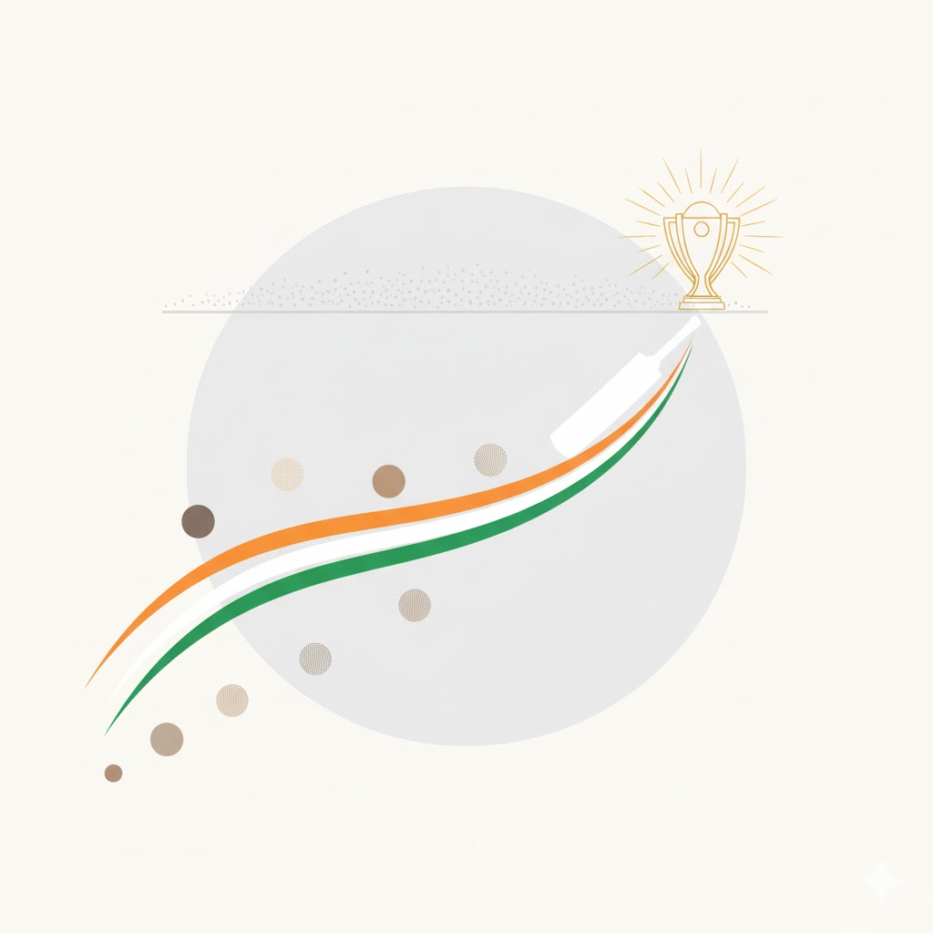 भारत की महिला टीम की जीत को दर्शाती एबस्ट्रैक्ट मिनिमल कला—तिरंगे की तीन धाराएँ बैट का रूप लेकर सुनहरे ट्रॉफी-आउटलाइन की ओर जाती हैं; पाँच छोटे टेक्सचर-डॉट्स विविधता के मेल का संकेत देते हैं।