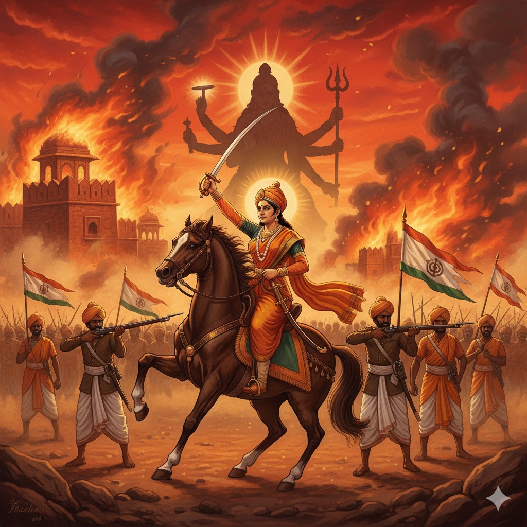 A powerful painting of Rani Lakshmibai riding a horse with sword raised high, Mangal Pandey leading sepoys in the background, saffron sky, battle smoke, saints and warriors marching, and a divine aura of Goddess Durga behind them, symbolizing the 1857 Indian uprising.