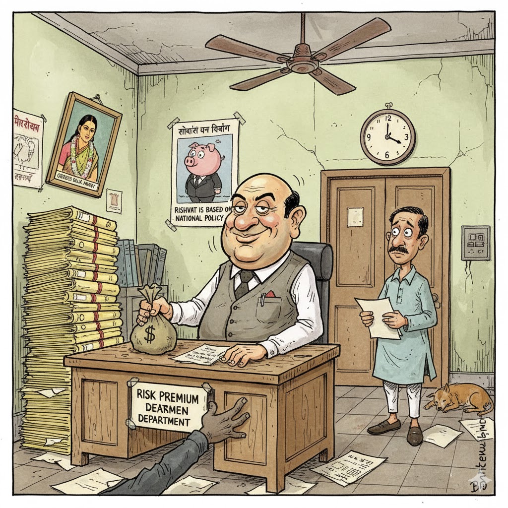 A humorous political caricature depicting “Rishvat is based on risk” — an Indian government office scene where officials weigh “risk” and “bribe” on a balance scale. One baboo (clerk) sits smiling behind a mountain of files labeled “confidential,” while a citizen nervously offers a currency note. A poster on the wall reads: “Risk badha, rate badha.”