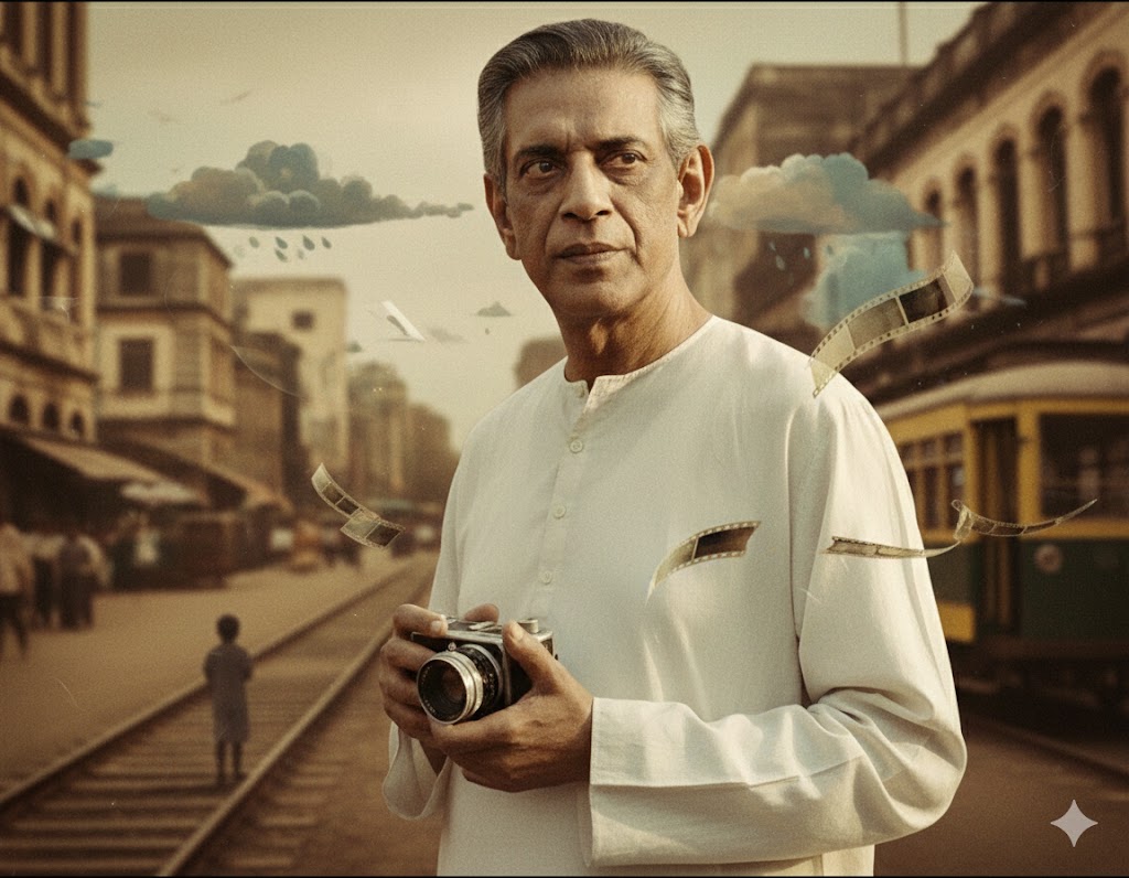 A stylized artistic portrait of Satyajit Ray, tall and thoughtful, holding a camera, with soft vintage lighting, Kolkata street silhouettes, and cinematic frames floating around him.