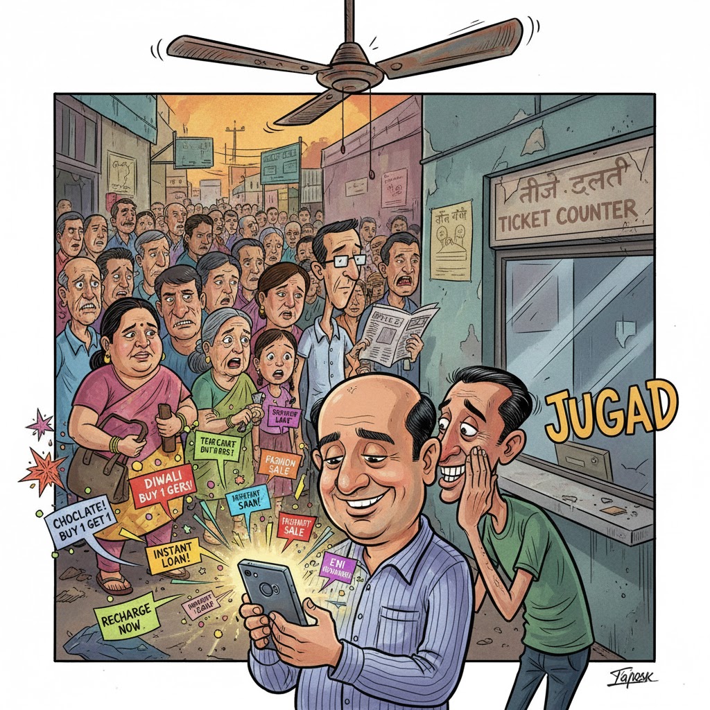 “रेलवे टिकट विंडो की लंबी लाइन में खड़ा एक मध्यमवय व्यक्ति, मोबाइल स्क्रीन में डूबा हुआ, चारों ओर चॉकलेट-केक-सेल के विज्ञापनों की नोटिफिकेशन बौछार, पृष्ठभूमि में धीमा चलता गर्म पंखा, चिड़चिड़े यात्री, और एक जर्दा-चबाते दलाल की कोहनी से परेशान—सब मिलकर भारतीय लाइन-तंत्र की व्यंग्यात्मक अराजकता दिखाते हुए।”