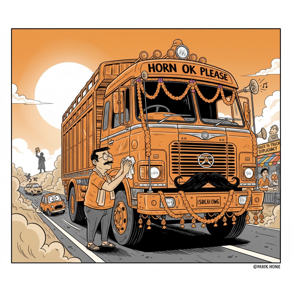 Caricature of a decorated Indian truck on a dusty highway, driver polishing it lovingly like a bride, with scared small cars nearby and a roadside dhaba scene — humorous saffron-accented line art.