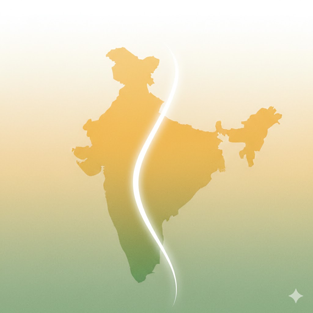 “अमूर्त रेखाचित्र में एक उजली धरती के रूप में भारत, जिसके केंद्र से उठती है लाल और केसरिया रंगों की श्वास-जैसी लहर — जो ‘वंदे मातरम्’ के स्वर का प्रतीक है।”