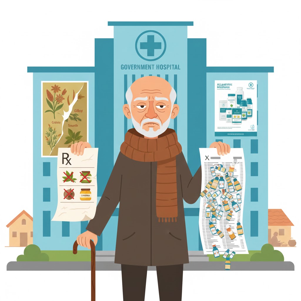 A flat-vector satirical illustration of an elderly man standing outside a government hospital, looking frustrated. He holds two prescription slips—one with crossed-out Ayurvedic items like herbs and a chyawanprash jar, and another with a long list of allopathic medicines. Behind him, a faded poster of traditional herbs contrasts with a fresh poster promoting modern allopathic drugs. A small blurred illustration of a mother preparing traditional संधाणा appears in the background, symbolizing fading traditions. No text in the image.