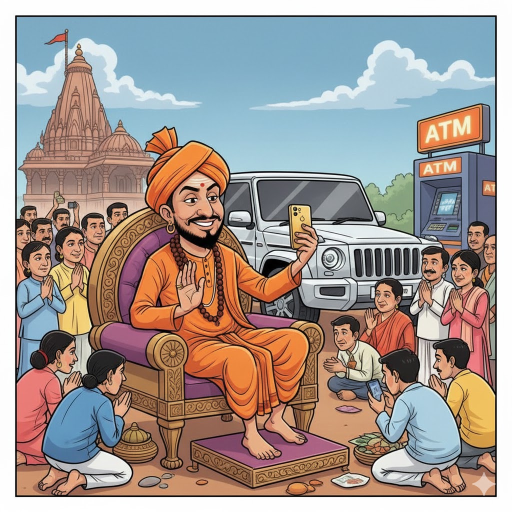“एक आधुनिक संत लग्ज़री कार के पास खड़ा है, भगवा वस्त्रों में, गले में रुद्राक्ष और हाथ में मोबाइल, पीछे भक्तों की भीड़ और मंदिर। व्यंग्यात्मक कला में चित्रित संत संस्कृति की विडंबना।”
