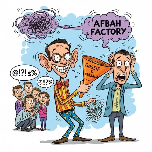 “एक व्यंग्यात्मक चित्र जिसमें दो लोग फुसफुसाकर किसी तीसरे के कान में तंजीया और बढ़ा-चढ़ाकर बातें भर रहे हैं। तीसरा व्यक्ति उलझन में, कान पकड़े खड़ा है, जबकि पीछे धुआँ उठता दिख रहा है मानो अफवाहों की चक्की चल रही हो। चित्र पूरे दृश्य को हास्य-व्यंग्य शैली में दर्शाता है।”