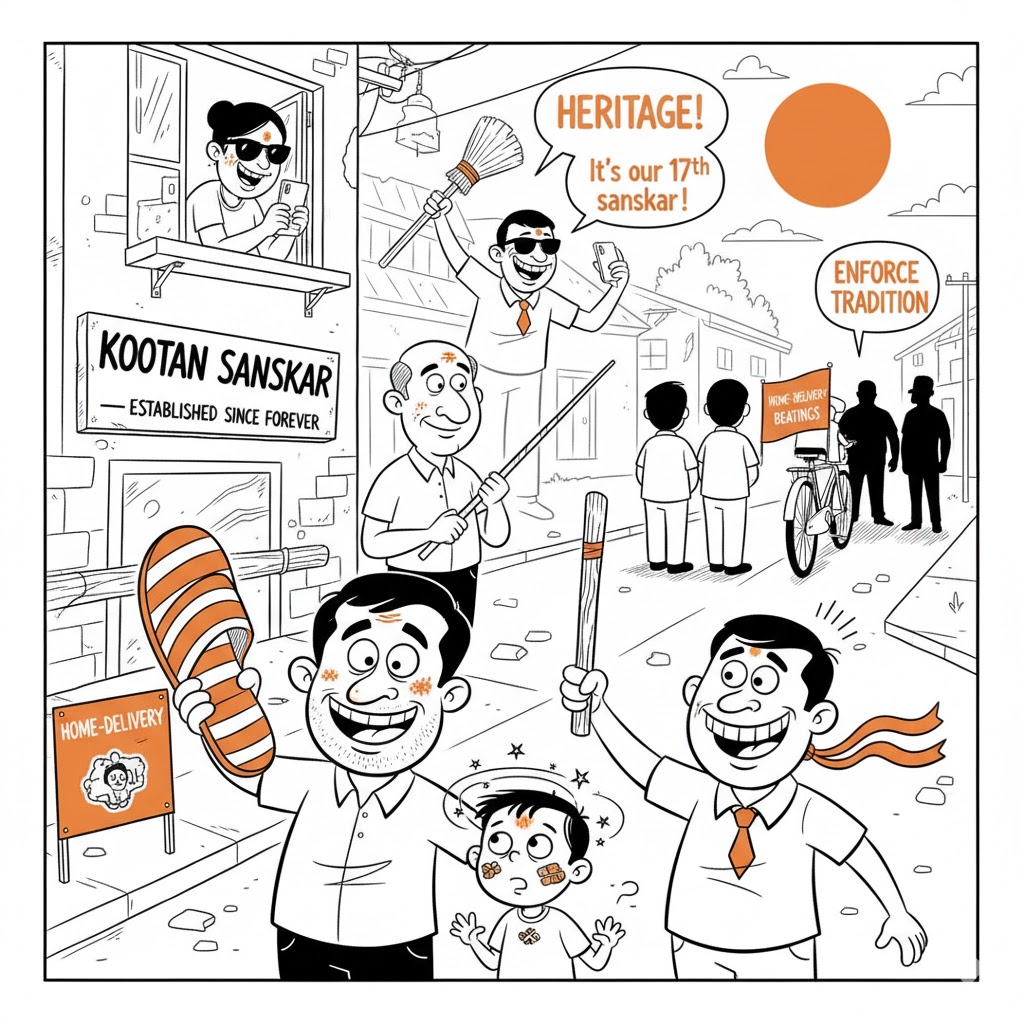 Caricature montage of Indian “kootan” tradition: a father with a giant slipper, schoolmaster with cane, laughing relatives and a visiting NRI couple — single-line cartoon with saffron accent.