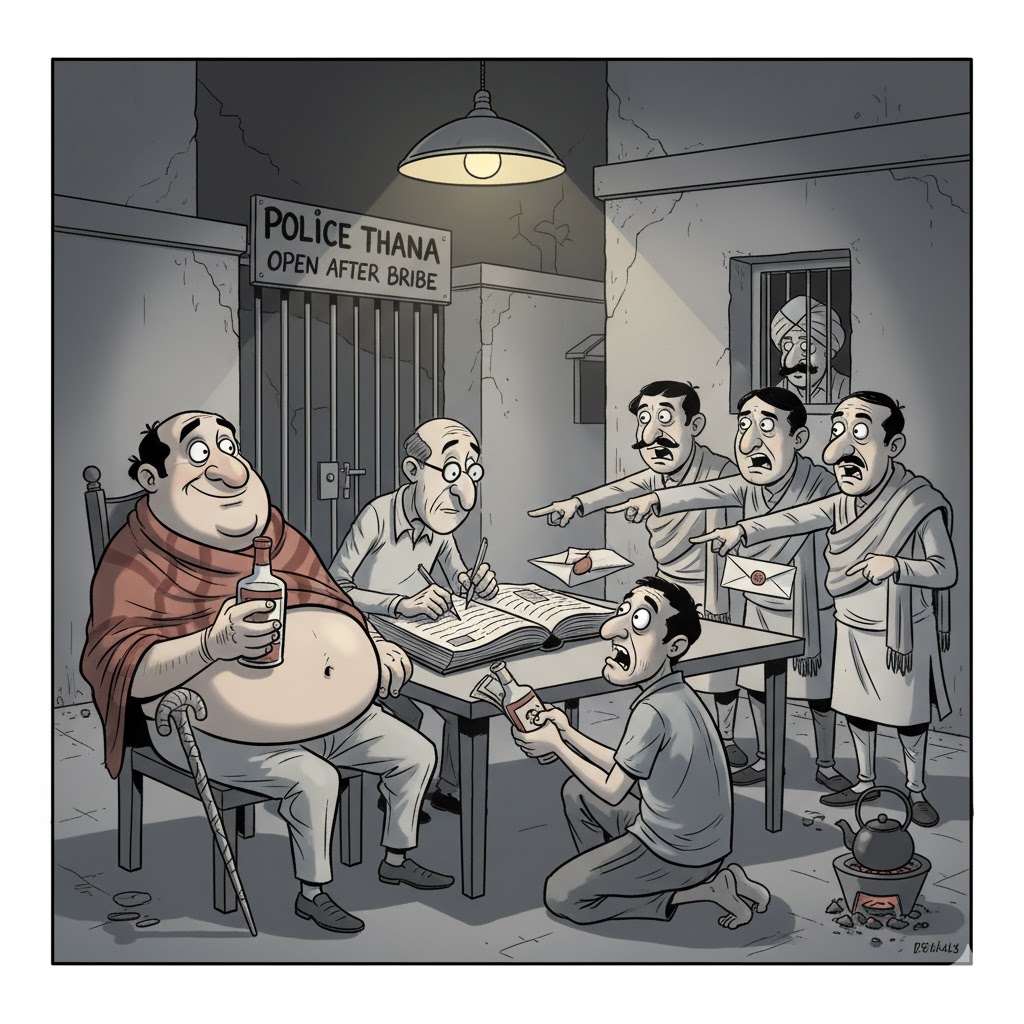 Caricature of a small-town police station at midnight: a smug Thanedaar drinking country liquor while a kneeling petty criminal offers a bottle wrapped with money, the clerk writes in a ledger and respectable townsfolk argue — single-line cartoon with rusty-red accents.