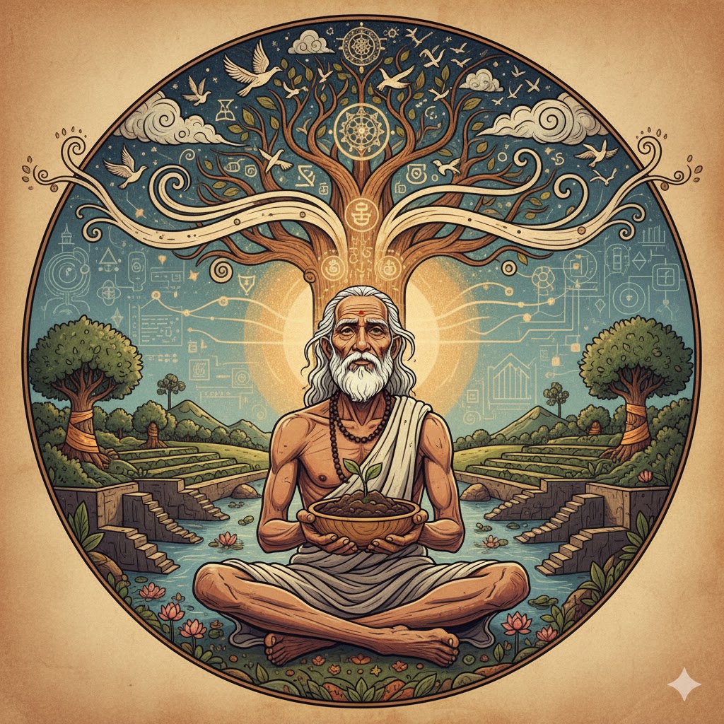 an abstract, richly detailed, intellectual illustration symbolizing Traditional Ecological Knowledge (TEK). Show a tribal elder observing the sky, reading signs from birds, clouds, and wind, while holding a bowl of earth. Surround him with symbolic elements: ancient stepwells, terraced fields, sacred groves, community water bodies, and a glowing tree representing spiritual ecology. Blend modern lab symbols—microscopes, data charts—fading into the background to contrast modern science with traditional wisdom. Visual tone: earthy, mystical, scholarly, Indian eco-philosophy.”
