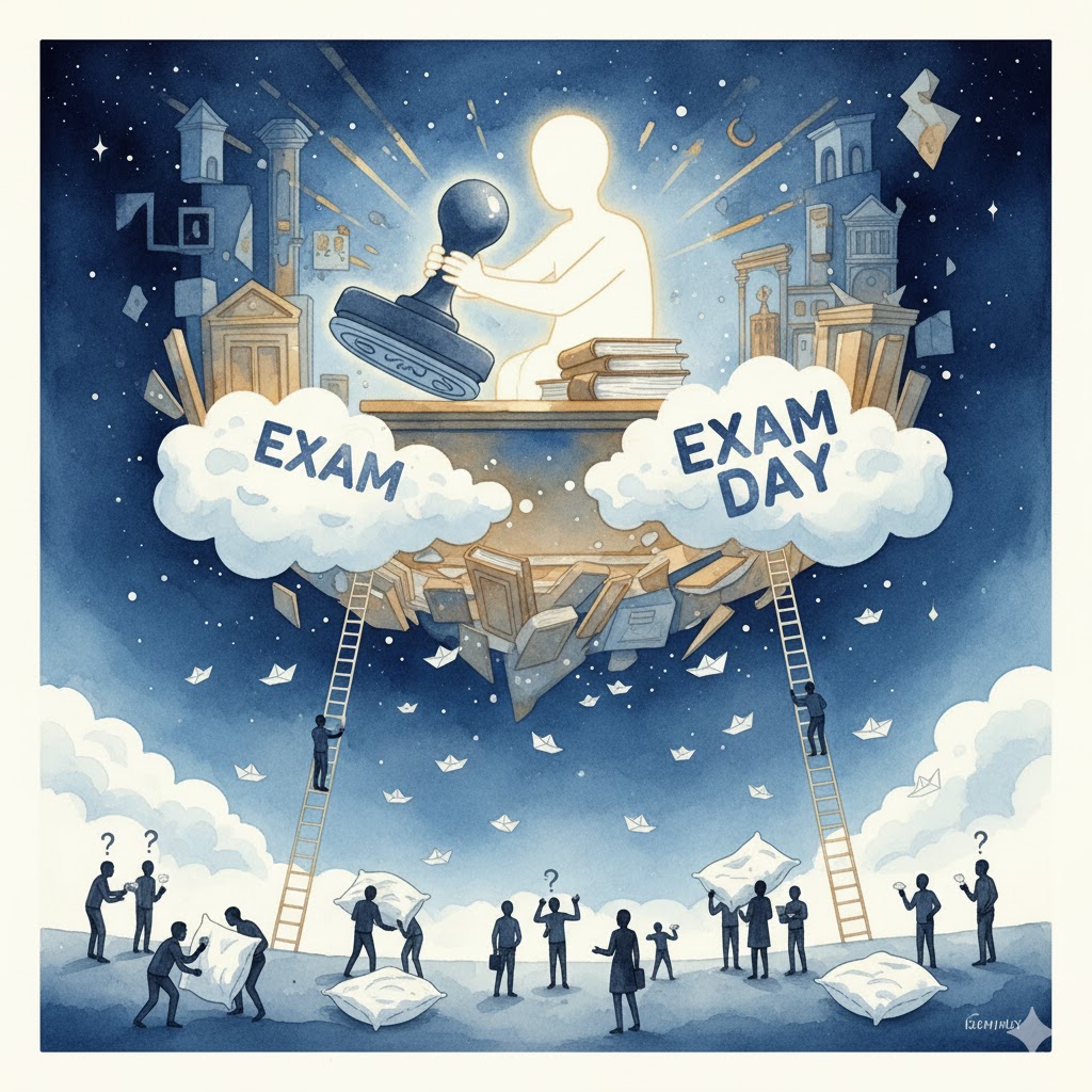 A surreal, humorous conceptual artwork showing a giant cosmic exam hall floating in the sky. Instead of a godly figure, a glowing silhouette sits at a celestial desk stamping “EXAM DAY” on random clouds. Below, tiny paper-boats shaped like question papers rain down on confused little human figures running in different directions. Some people hide their papers under pillows, some compare question sheets, some climb ladders to peek into the sky. Color palette: deep blue, gold, white. Style: semi-abstract watercolor + soft digital strokes. No real faces—only symbolic silhouettes. Mood: whimsical, satirical, slightly philosophical.