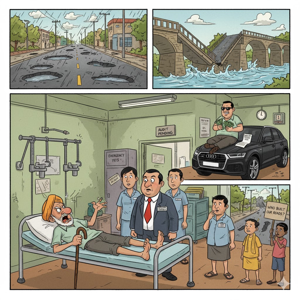 An elderly patient in an orthopaedic ward sits with his injured legs suspended on a high traction hanger, angrily shouting at the hospital director. Behind them a satirical montage shows flooded, broken roads, a collapsed modern bridge while a sturdy British-era building stands intact, a contractor counting cash beside an Audi, and an engineer shrugging over torn blueprints — a biting image of infrastructure failure and corruption.