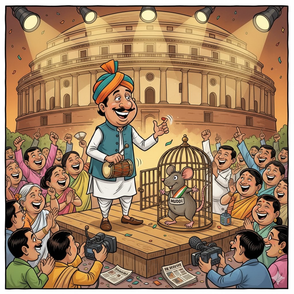 एक व्यंग्यात्मक कार्टून चित्र जिसमें एक नेता मदारी के रूप में मंच पर खड़ा है, हाथ में डुगडुगी लिए “मुद्दे की चुहिया” को पिंजरे से बाहर निकाल रहा है। चुहिया बड़ी होकर हाथ में “लोकतंत्र” का झंडा पकड़े मंच पर नाच रही है। नीचे जनता तालियाँ बजा रही है, कुछ पत्रकार कैमरा लिए लाइव प्रसारण कर रहे हैं। पृष्ठभूमि में “संसद” का भवन दिख रहा है — और मंच पर बैनर लिखा है: “मुद्दा शो – लाइव टुडे!”