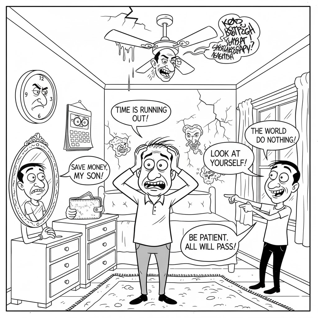 A humorous black-and-white line-art caricature scene of a cluttered Indian bedroom where each object appears alive and speaking. The ceiling leaks with a smug smile, a noisy ceiling fan growls like a politician making speeches, a wall clock and calendar act like election officials lecturing about time, a thin empty wallet with folded hands gives financial advice, a proud mirror mocks the protagonist with brutal honesty, a cracked wall tries to preach responsibility while fungal patches peek through, an excited window points outward like a motivational speaker, and the floor, earthy and calm, gives grounded wisdom. At the center stands a confused, overwhelmed Indian man listening to all of them as if attending a chaotic parliament session inside his own room. Style: minimalist cartoon, exaggerated features, clean lines, satirical expressions.