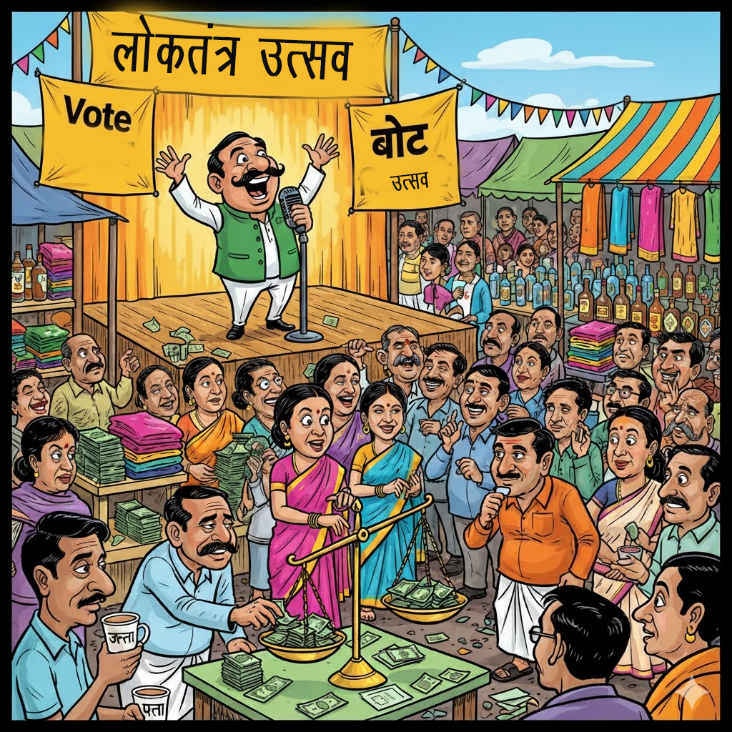 एक व्यंग्यात्मक कार्टून दृश्य जिसमें एक बड़ा चुनावी “हाट बाजार” लगा है — मंच पर नेता हाथ में माइक लिए बोल रहा है, नीचे जनता तराजू पर तोली जा रही है। कुछ लोग वोटों के बदले पैसे, साड़ी और पेय पदार्थ दे रहे हैं। एक तरफ़ चाय की टपरी है जहाँ भरोसीलाल डिस्पोज़ल कप में चाय पीते हुए मुस्कुरा रहा है, और दीवार पर लिखा है “वोट फॉर सेल – ताज़ा माल।” पृष्ठभूमि में चुनावी पोस्टर और गुब्बारे उड़े हैं।