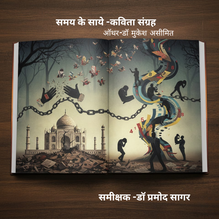 खुले पन्नों वाली कविता-पुस्तक, पृष्ठभूमि में धुँधला शहर, आँकड़े, ताली बजाते हाथ और टूटा हुआ प्रतीकात्मक ताजमहल—समकालीन सामाजिक विडंबनाओं को दर्शाता दृश्य