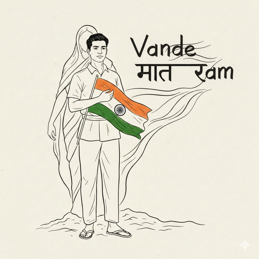भारत माता के प्रतीकात्मक रेखाचित्र के सामने खड़ा एक युवा स्वतंत्रता सेनानी, हाथ में तिरंगा, पृष्ठभूमि में ‘वंदे मातरम’ के शब्द लहराते हुए, सादा और भावनात्मक स्केच शैली में।