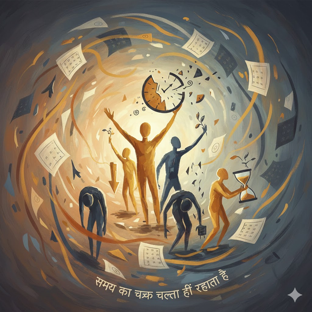 अलविदा वर्ष पच्चीस का अमूर्त चित्र—समय में घुलते कैलेंडर पन्ने, अलग-अलग भावनाओं से भरे अनाम जनसमूह, हँसी-आँसू-संघर्ष-सफलता का सांकेतिक दृश्य।