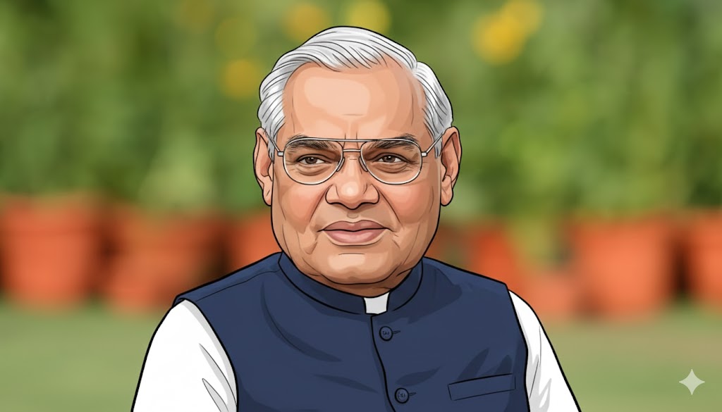 भारत रत्न अटल बिहारी वाजपेयी का गंभीर, सौम्य चित्र—हाथ में कलम, चेहरे पर शालीन मुस्कान, पृष्ठभूमि में तिरंगा और काव्यात्मक आभा, शब्दों और राजनीति के संतुलन का प्रतीक दृश्य।