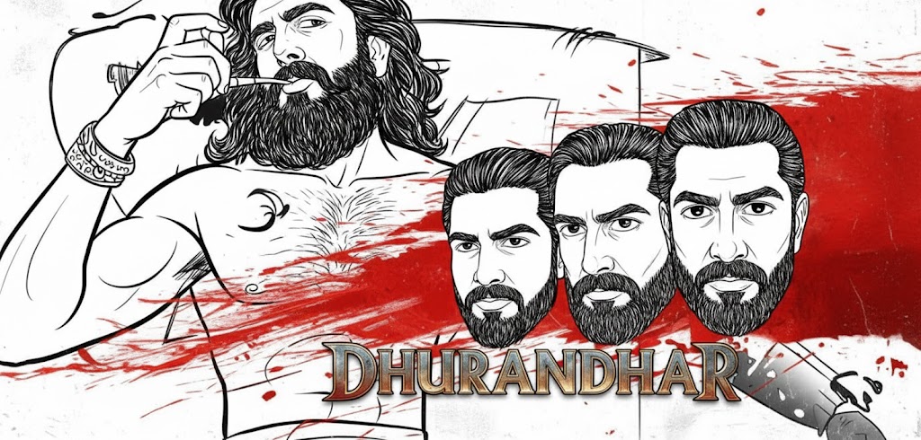 धुरंधर फिल्म का पोस्टर जिसमें रणवीर सिंह का उग्र और गंभीर लुक दिखता है, पीछे लाल रंग की परतों में सत्ता, हिंसा और राष्ट्रवादी थ्रिलर का प्रतीकात्मक दृश्य।