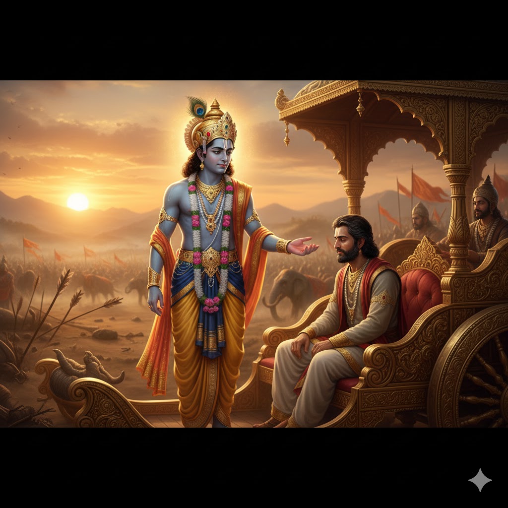 “कुरुक्षेत्र की रणभूमि में रथ पर खड़े भगवान श्रीकृष्ण अर्जुन को उपदेश देते हुए—धूल भरा आकाश, युद्ध के मध्य दिव्य प्रकाश से आलोकित दृश्य, गीता ज्ञान का जन्म-क्षण।”