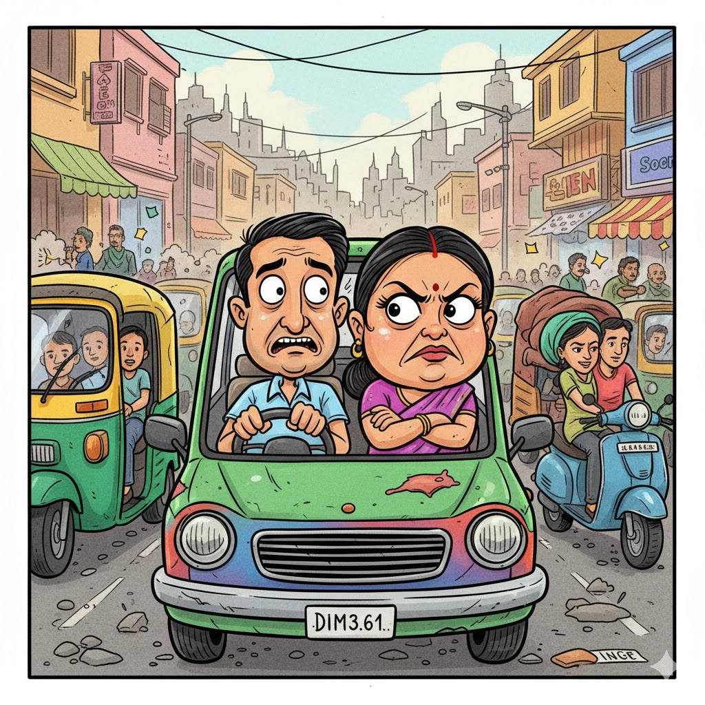 “कार में बैठे एक भारतीय दंपति का हास्यपूर्ण दृश्य—पति घबराया हुआ, पत्नी तिरछी निगाह से घूरती हुई, चारों ओर फैली भीड़भाड़ और स्कूटर-ठेले वाली अराजक ट्रैफिक।”