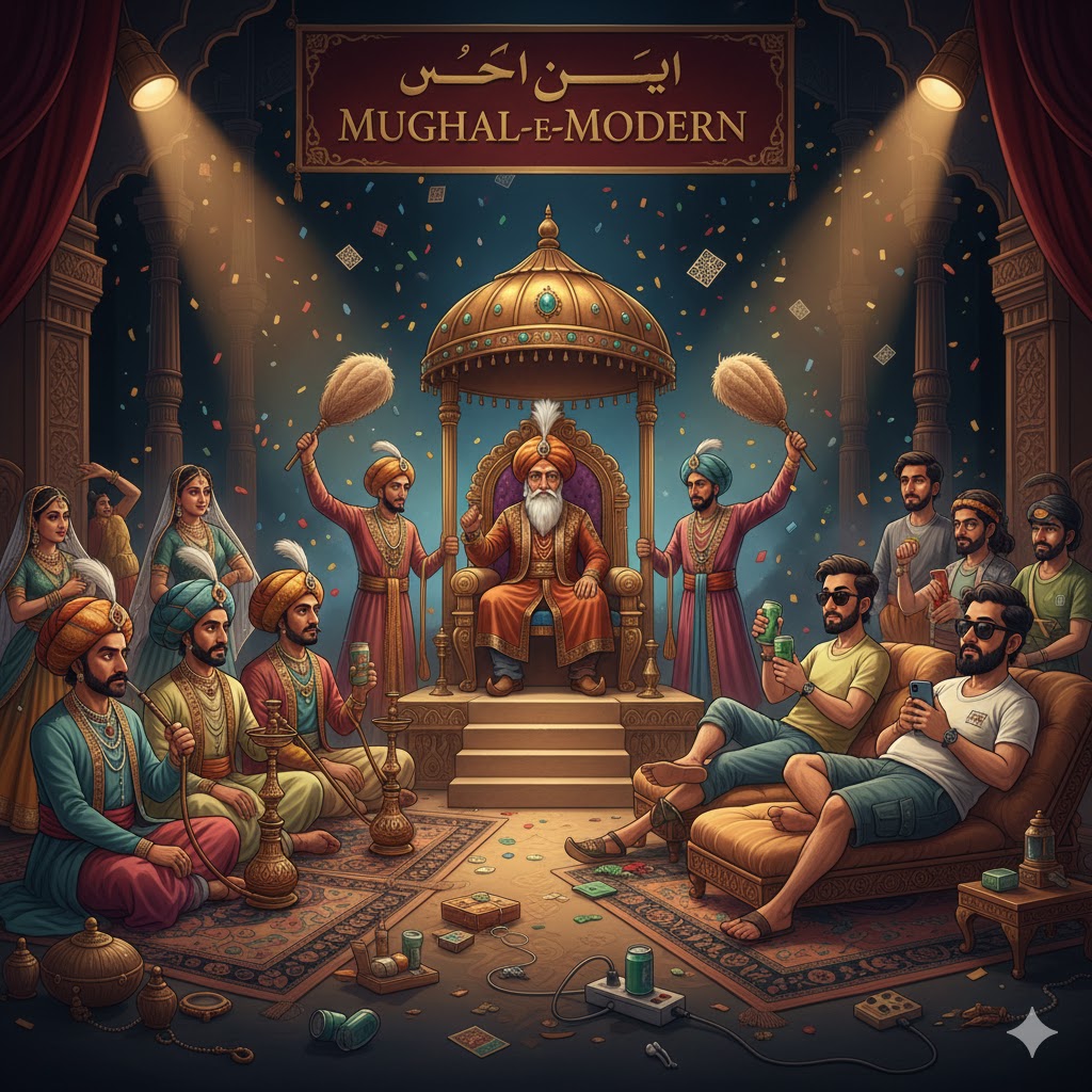 “A satirical illustrated scene showing a Mughal-style royal court mixed with modern-day elements—traditional courtiers, dancers, hookahs on one side, and jeans-T-shirt–wearing modern courtiers drinking beer on the other, with the emperor seated on a grand throne under a golden canopy.”
