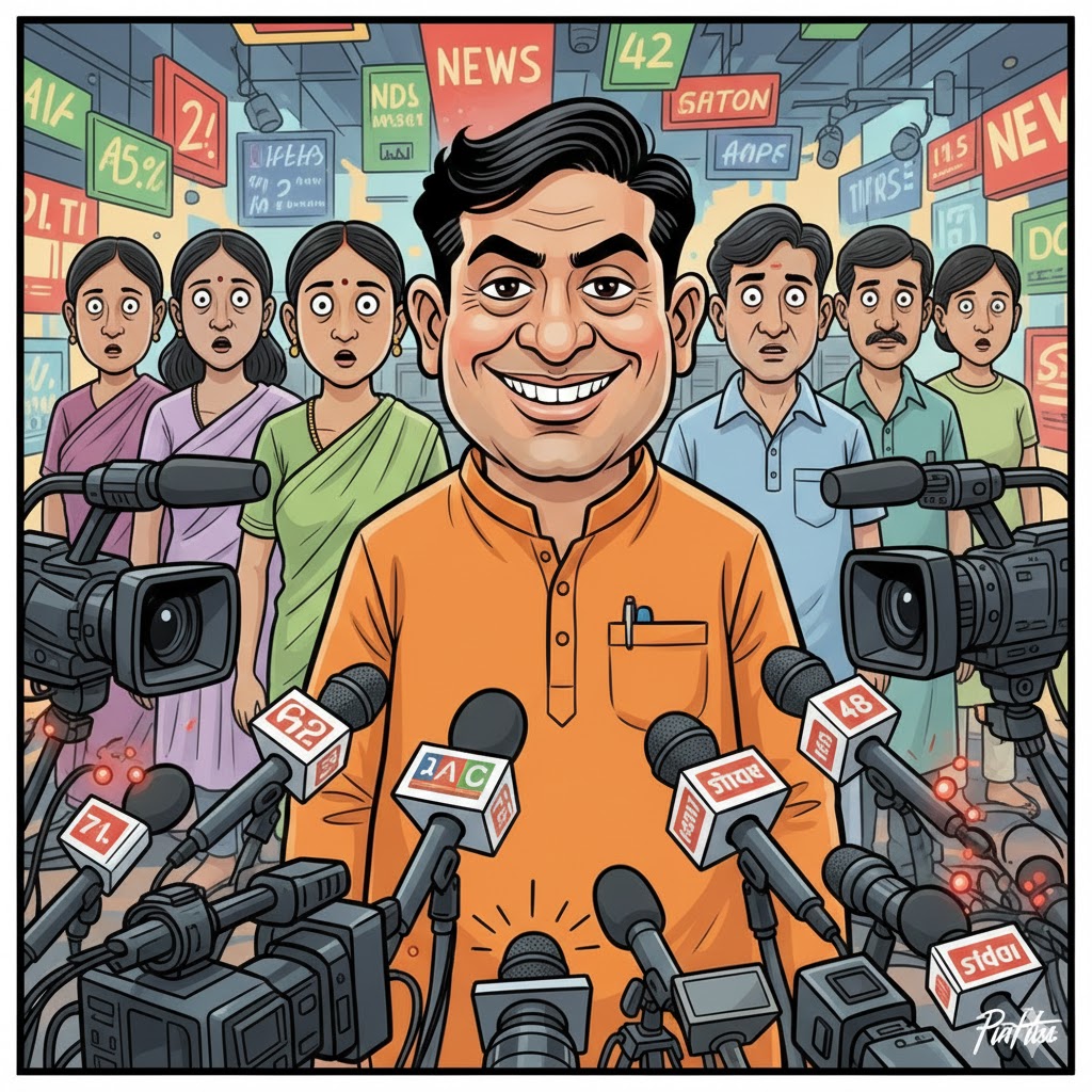 “Caricature of an overconfident politician giving a satirical interview, dodging tough questions with absurd logic, smiling before cameras.”