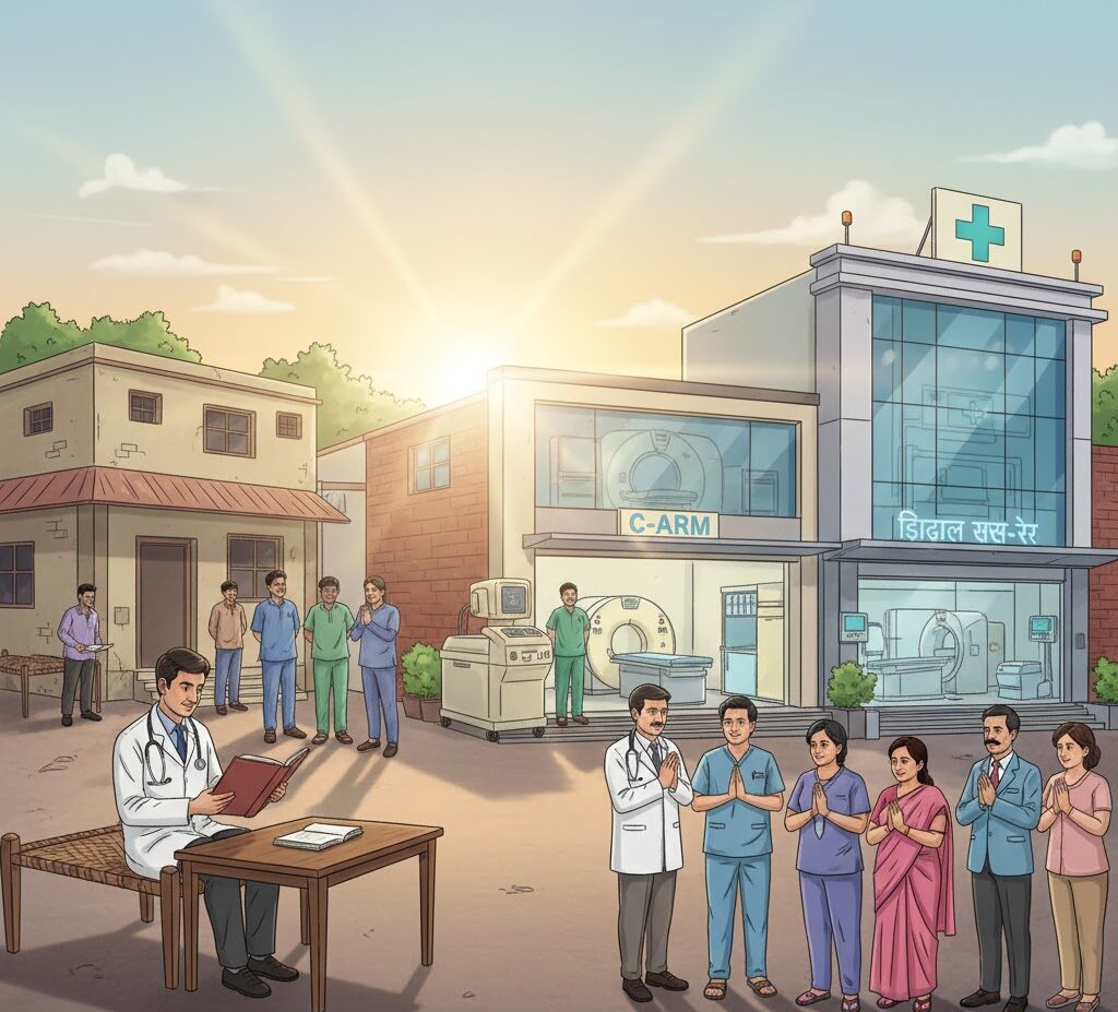“गर्ग हॉस्पिटल का बाहरी दृश्य, सामने पुराने दौर का एक डॉक्टर एक ताँत की कुर्सी और लकड़ी की टेबल के साथ बैठा हुआ; दूसरी ओर आधुनिक MRI, CT और डिजिटल एक्स-रे मशीनों की झलक; बीच में डॉक्टर हाथ जोड़कर रोगियों और स्टाफ का आभार व्यक्त करता हुआ—अस्पताल की 25–30 वर्ष की विकास यात्रा का प्रतीकात्मक चित्र