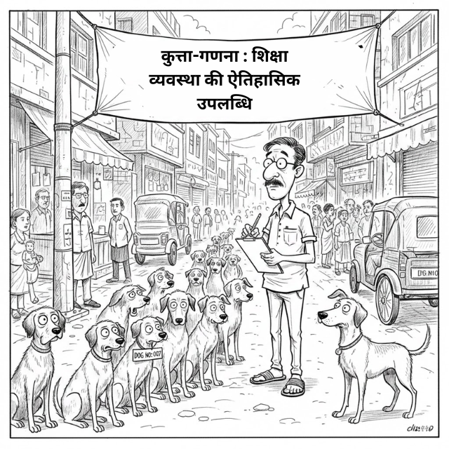 एक व्यंग्यात्मक कार्टून जिसमें एक सरकारी स्कूल का शिक्षक हाथ में सरकारी फ़ॉर्म और पेन लिए गली में खड़ा है, सामने आवारा कुत्तों की कतार है। कुत्ते सहमे हुए हैं, कुछ के गले में काल्पनिक पहचान-पट्टी है। पृष्ठभूमि में सरकारी दफ्तर और “जनगणना अभियान” का बैनर दिख रहा है। दृश्य हास्य और कटाक्ष से भरा है।