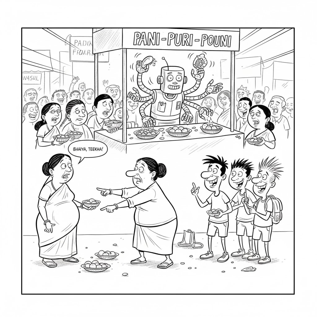 “गोलगप्पे के ठेले पर भीड़, एक हाथ में कटोरी लिए अधीर ग्राहक, ठेले के पीछे लाल कपड़े वाला मटका, और गोलगप्पा–विक्रेता एक साथ कई पुरी भरता हुआ—हास्य व्यंग्य शैली में भारतीय समाज का चटपटा दृश्य।”